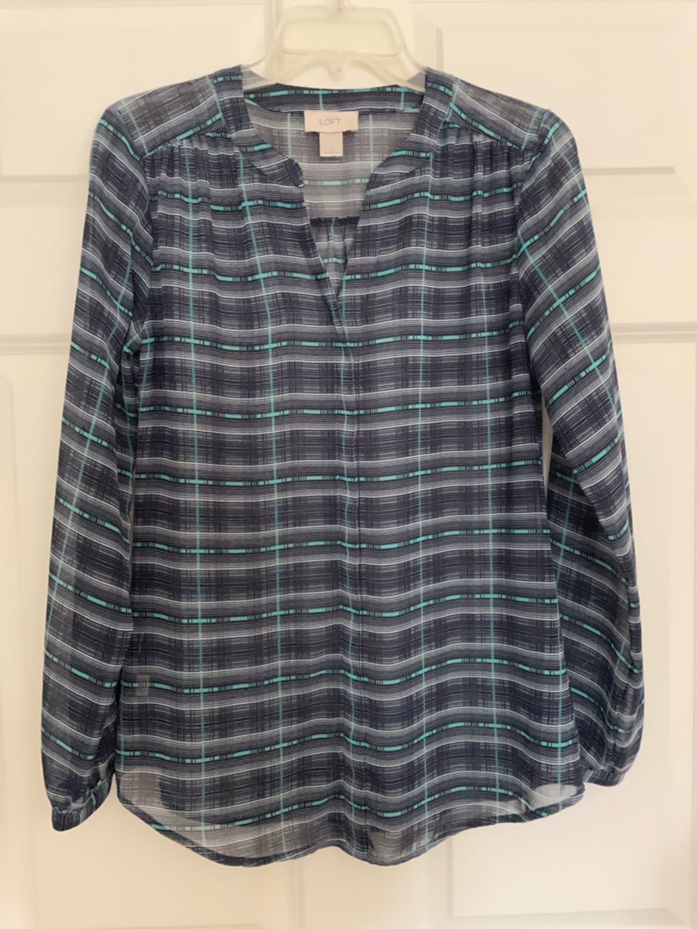LOFT Navy and Teal Plaid Split V-Neck Blouse